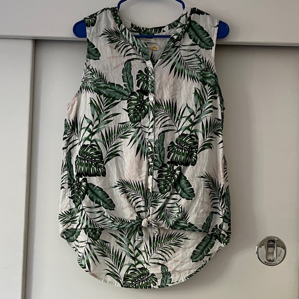 Sleeveless 100% linen White & Green Tropical Button-Front Women's Top